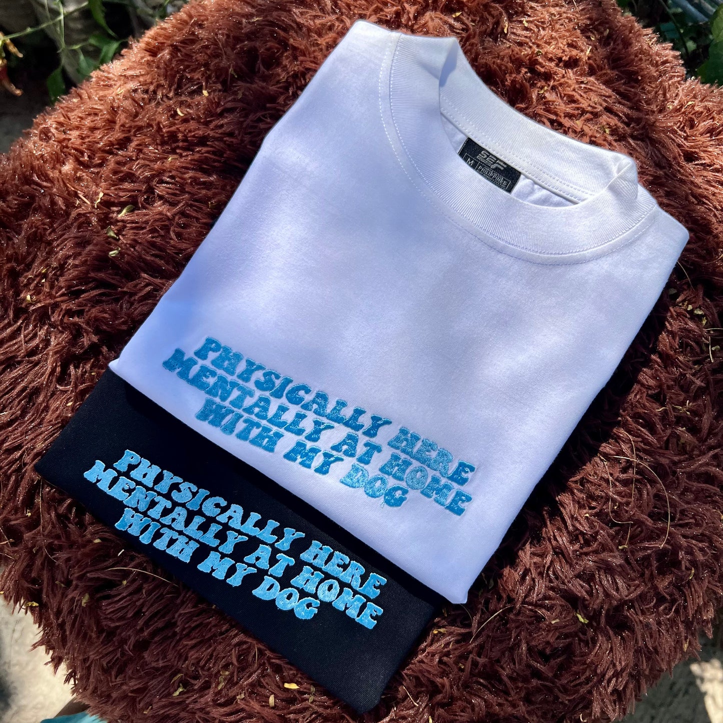 Embroidered Minimalist Physically Here Mentally at home with my dog by Sef Apparel T-shirt