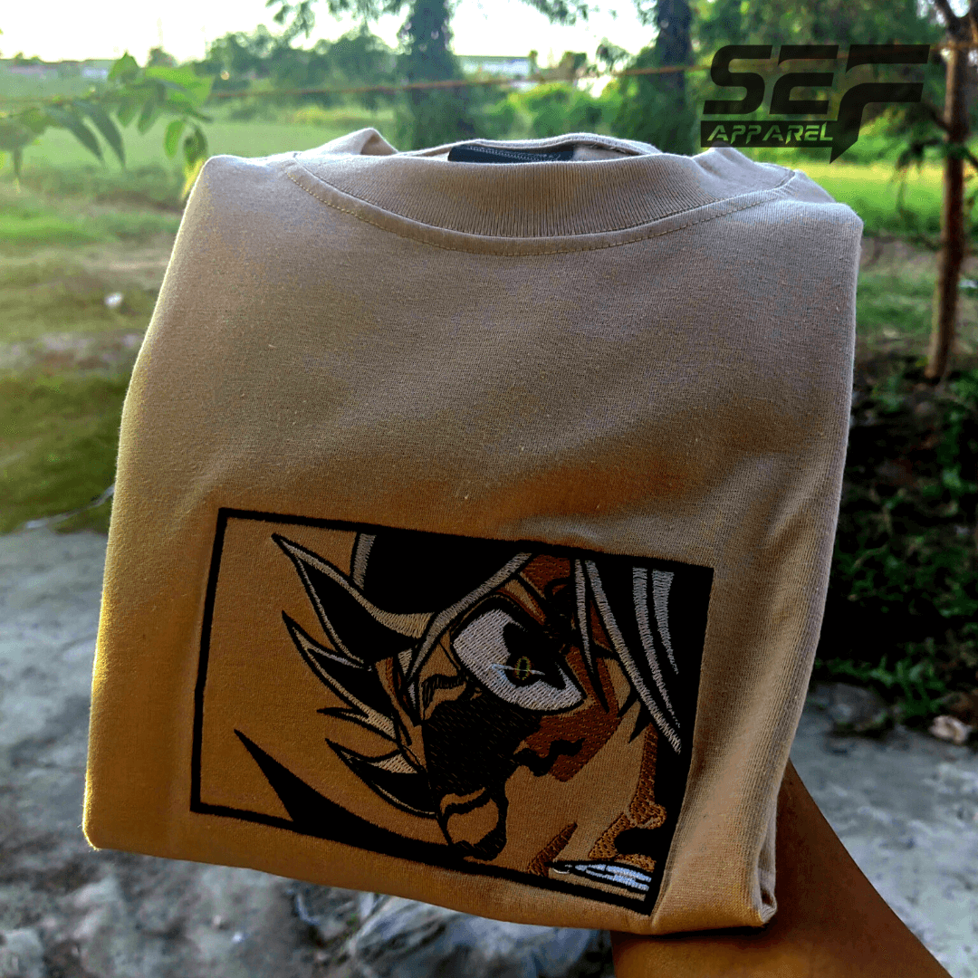 Embroidered Print Anime ASTA T-Shirt Khaki